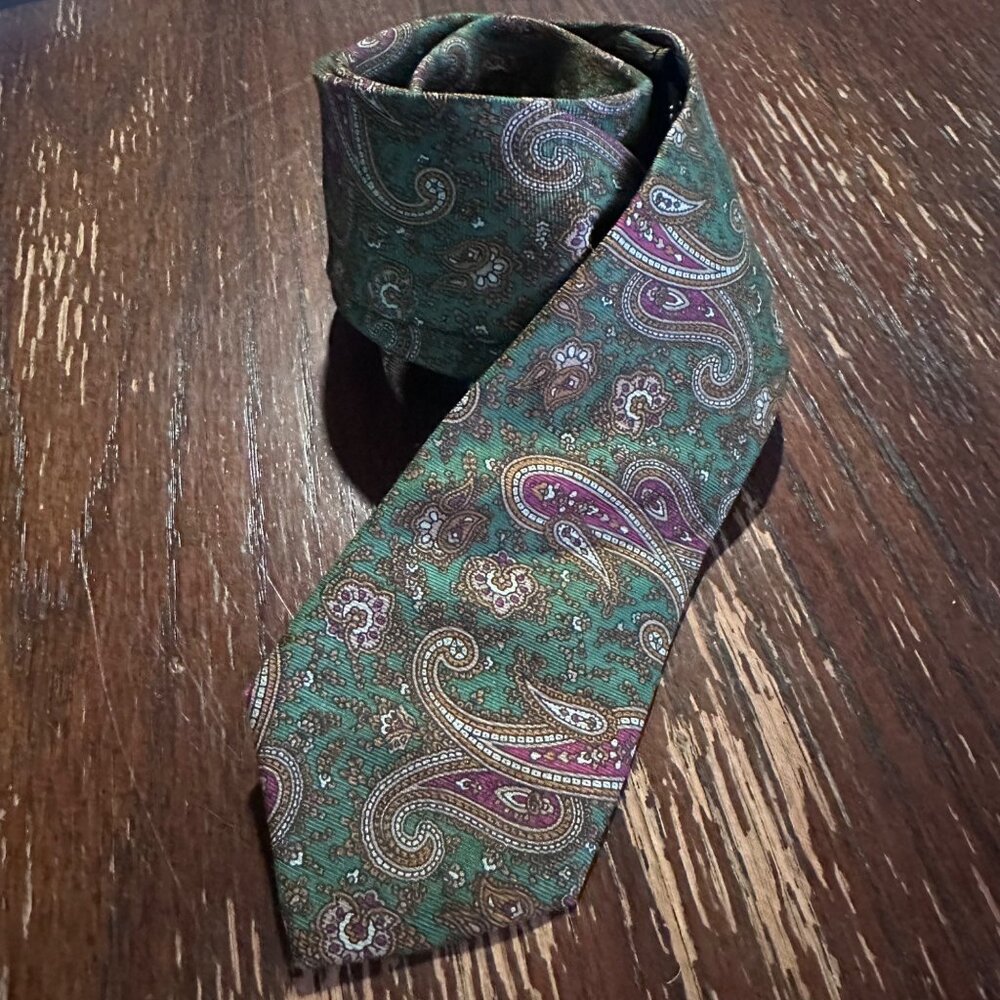 Vintage Luciano Toscanini Green Paisley Silk Tie 3" Wide Classic Mens Necktie